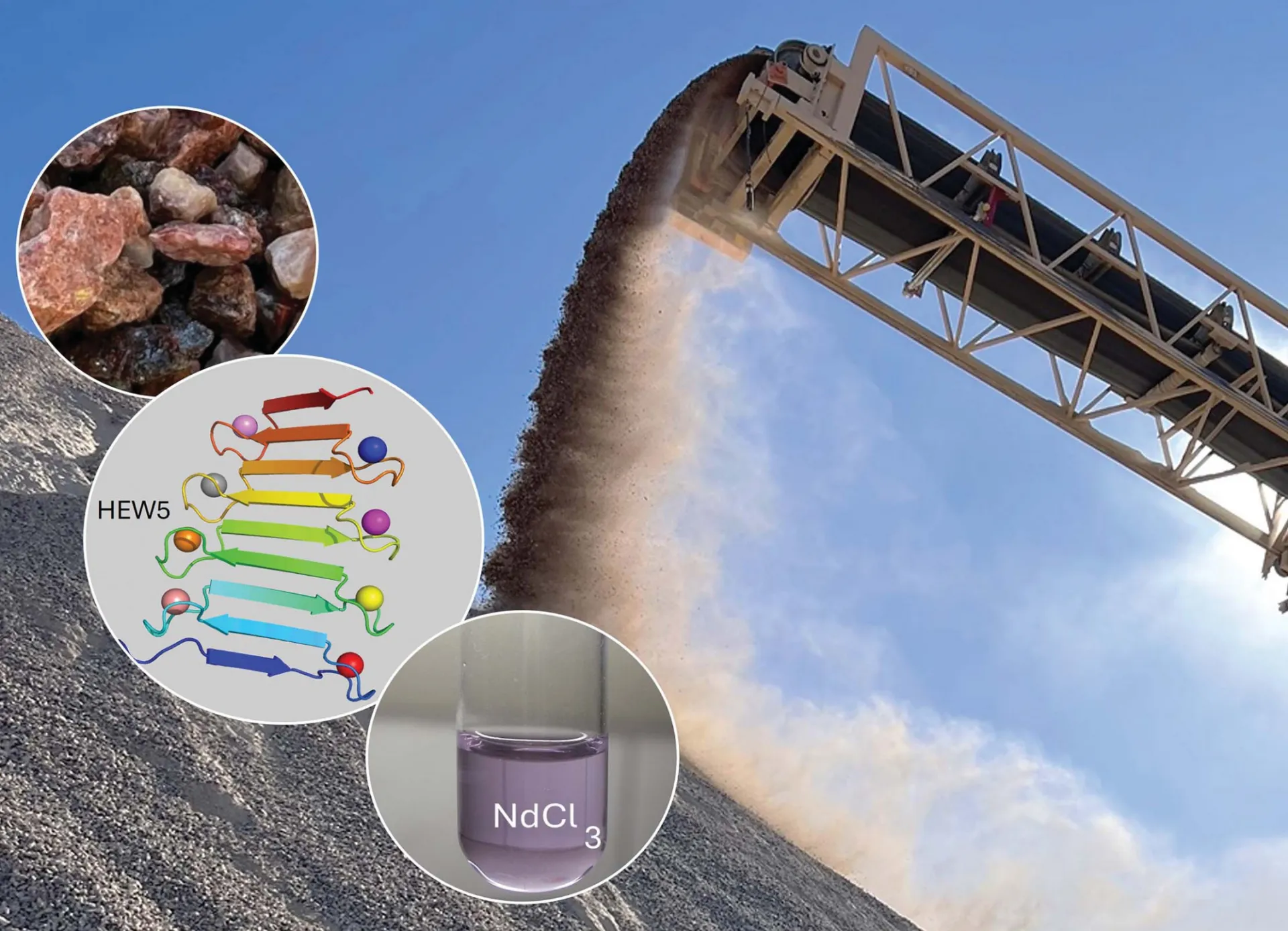 Rare earth element mining with conveyer belt and highlighted ores, protein, and purified neodymium.